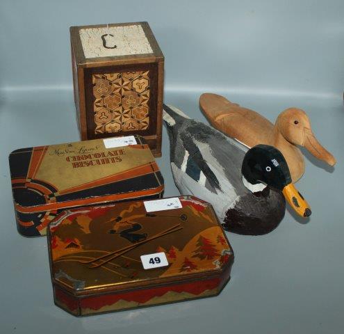 Decoy ducks, tins, frame & box